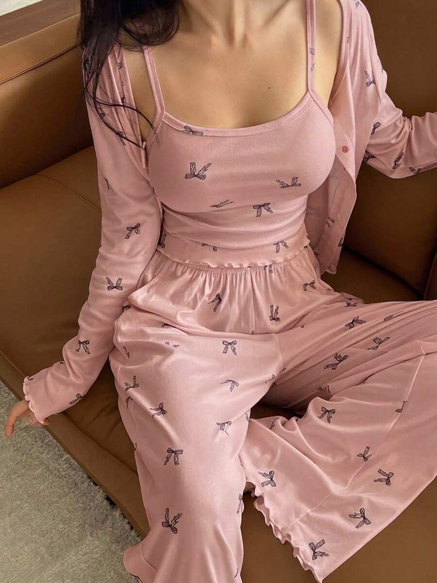 DAZY Set Piyama Musim Panas 3 Potong Motif Pita dengan Cetakan Seluruh Permukaan: Kardigan, Kamisol, dan Celana Panjang untuk Wanita - Berwarna merah muda - View 1