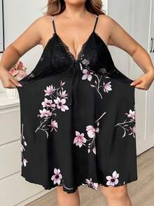 SHEIN CURVE+ 性感蕾絲拼接仿絲印花細肩帶洋裝 大尺碼 - 黑色 - 查看 3