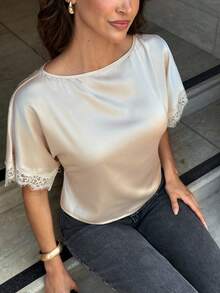 Firerie Blusa elegante de verano para mujer con unicolor y patchwork de encaje - Champán - Ver 7