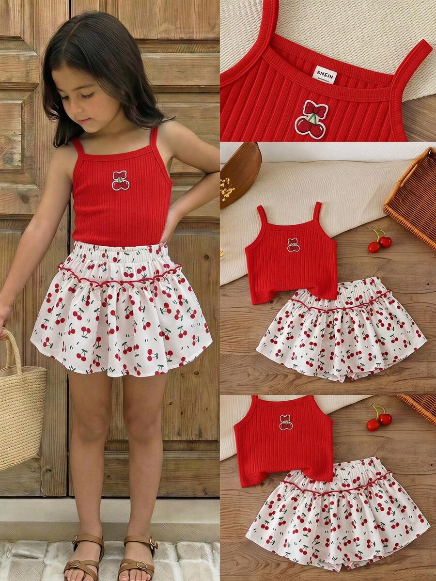 Emery Rose Kids Emery Rose Kids 女童針織純色櫻桃拼接細肩帶上衣與櫻桃印花短褲兩件套 - 紅色 - 查看 1