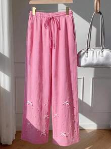 Comfortcana Women's Casual Solid Color Beaded Bow Decor Pants, Pink - Pink - View 3