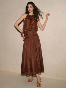 CielaLinda Women's Chiffon Halter Camisole And Skirt Two Pieces Set - Brown - View 7
