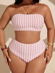 SHEIN Swim Curve 大尺碼女款條紋抹胸比基尼上衣與三角褲兩件式泳衣套裝，適合夏季海灘度假 - 彩色 - 查看 5