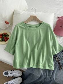 Comfortcana Solid Color Dropped Shoulder Short Sleeve Crew Neck Plus Size T-Shirt Formal Holiday Light Green Summer Casual Office Club - Green - View 7