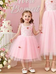 SHEIN Glamorique Kids 女孩公主洋裝，細肩帶搭配荷葉袖，粉色薄紗公主長裙，亮片，舞會禮服，優雅正式洋裝，畢業禮服，夏季洋裝 - 粉色 - 查看 3
