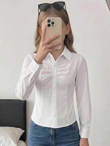 Girlism Tween女孩休閒百搭優雅學院風白色修身抓皺襯衫，返校穿搭白襯衫 - 白色 - 查看 9