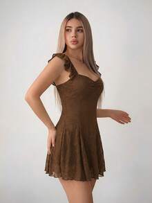 Sweetina Vestido mini de moda para mujer de unicolor con volantes y lazo en la espalda - Marrón - Ver 5