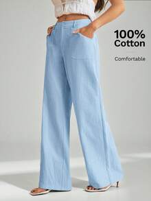 SHEIN Tall 100%水洗棉低腰直筒長褲 - 淺藍色 - 查看 3