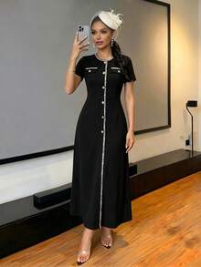 SHEIN Lady Black And White Contrast Trim Knit Jacquard Midi Dress Button Front Round Neck Short Sleeve Bodycon Office Work Dress Elegant Classy Summer - Black - View 7