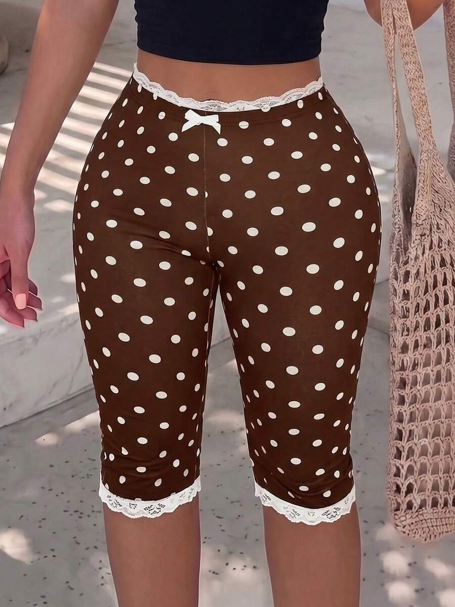Sirith Women's Lace Trim Bow Decor Black & White Polka Dot Leggings - Mocha Brown - View 1