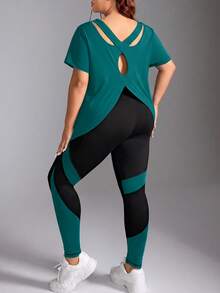 SHEIN Rhythm Era Women's Plus Size Short Sleeve Round Neck Sports Set Gym Sports Teal Summer - Olive Green - View 4