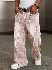 Manfinity EMRG Pantalones de pierna ancha con diseño de streetwear para hombres, con parches deshilachados, bordado ligero vintage y lavado - Rosa Pálido - Ver 4