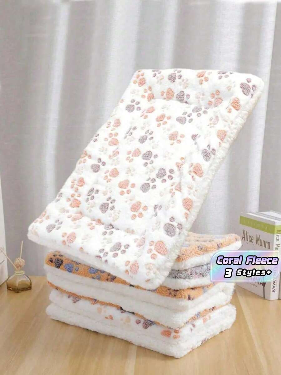 1PC Milk White Paw Print Coral Fleece Thickened Warm Plush Pet Mat Soft Comfortable Non Slip Washable Sleeping Pad For Small Medium Cats Dogs All Seasons - White - View 1