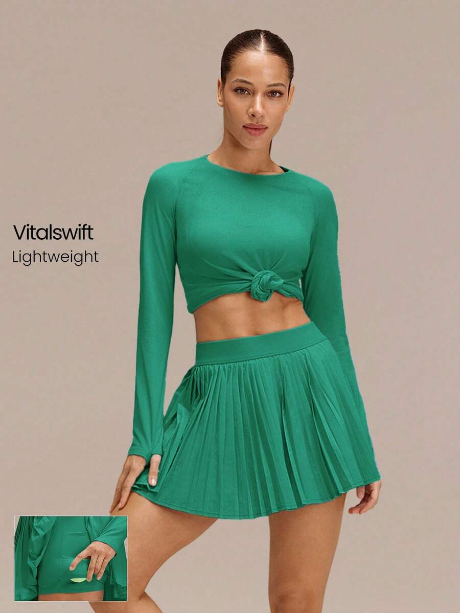 GLOWMODE Swing And Shine Lightweight Sweat-Wicking Quick-Dry UPF 50+ Odor Control Built-In Shorts Side Pockets Pleated Tennis Skirt Golf Pickleball Daily Casual Wear - Fresh Green - View 1