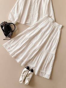 SHEIN Unity Women's Solid Color Pleated Casual Versatile Daily Skirt - White - View 4