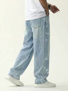 Teen Boy Fashion Shining Sequined Vintage Blue Loose-Fitting Jeans For Rave Outfits Festival - Blue - View 2