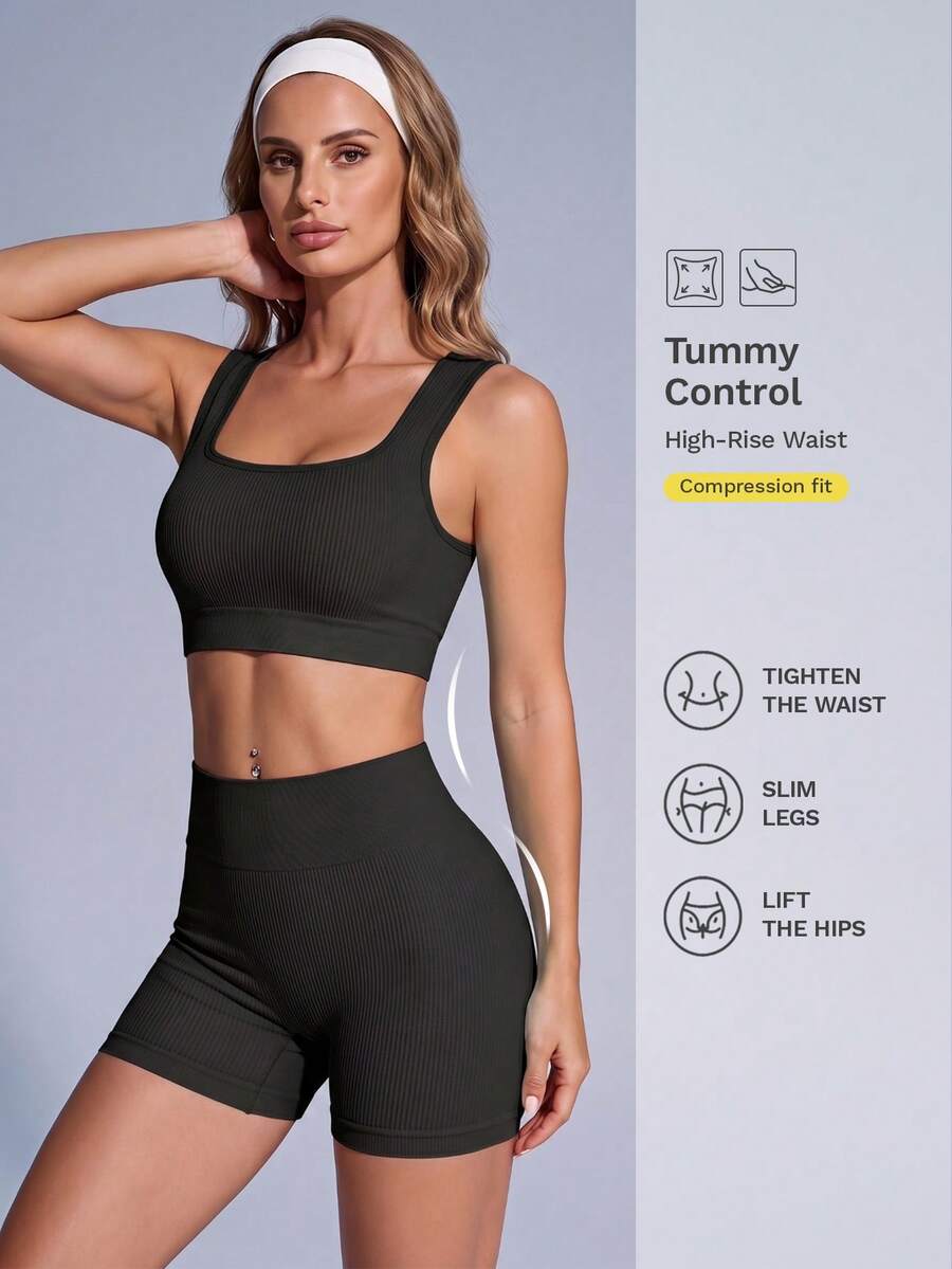 Nuvra 罗纹针织宽腰带运动套装女士健身套装健身房女士服装 - 黑色 - 查看 1