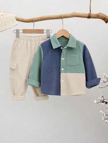 SHEIN Baby Boy Corduroy Patchwork Jacket And Elastic Waist Long Pants Set, Cute Autumn/Winter Outfit - Multicolor - View 10