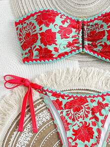SHEIN Swim 女士花卉印花抹胸比基尼套装，度假海滩比基尼套装 - 彩色 - 查看 5