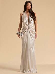 SHEIN BAE Cream Satin Halter Ruched Dress, Brunch Dinner Party Night Wedding Guest Attire, Social Occasion Gown, Summer Long Birthday Mini Elegant Sexy - Apricot - View 3
