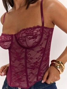 SHEIN BAE Women's Cherry Red Lace Trim Sheer Crop Top,V-Neck Tight Bustier Corset,Burgundy,Summer,70's,Club Night,Party Disco For Beach Holiday Or Party - Red - View 7