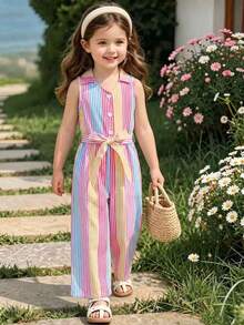 SHEIN Elladie kids 女童休閒度假百搭連身長褲，領口鈕扣前襟附腰帶，舒適柔軟皺褶丹寧風，適合秋季、野餐、出遊、姐妹穿搭、日常穿著 - 彩色 - 查看 8