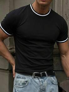 DAZY Black Short Sleeve Ribbed Collar Contrast Color Design Slightly Loose Fit Men's T-Shirt - Black - View 1