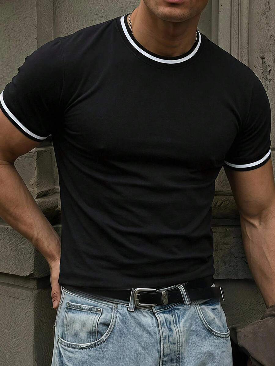 DAZY Black Short Sleeve Ribbed Collar Contrast Color Design Slightly Loose Fit Men's T-Shirt - Black - View 1