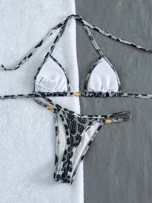 SHEIN Swim Elegantes sexy Damen-Bikini-Set im Y2K-Stil mit Leopardenmuster – Pailletten-Halterneck-Triangel-Top mit grauer Muschel-Details und hochgeschnittenem Tanga-Höschen für Party, Strand und Sommer - Grau - Übersicht 6