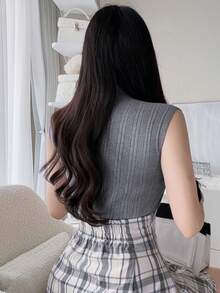 FRIFUL Women's Solid Color Stand Collar Slim Fit Versatile Daily Knit Top Summer Office Dark Grey Basic - Grey - View 4