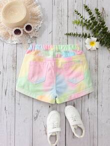 SHEIN 青少年女孩紮染牛仔短褲 夏季新品 休閒可愛風 彩色毛邊紙袋腰彈力短褲 - 粉色 - 查看 2