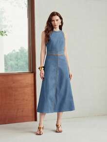 MOTF PREMIUM WOMEN'S SUMMER DENIM & LEATHER PATCHWORK SLEEVELESS WAIST-CINCHING DRESS - Medium Wash - View 5
