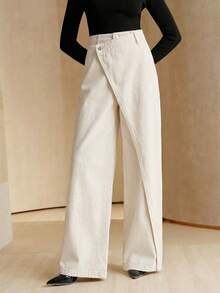 Anewsta New Asymmetrical Design Women's Jeans - Beige - View 4
