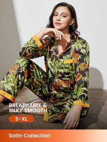 LUVLETTE Tropicoqueta 秋冬復古印花緞面女款長版睡衣套裝家居服 女款圖案睡衣 - 橄欖綠 - 查看 2