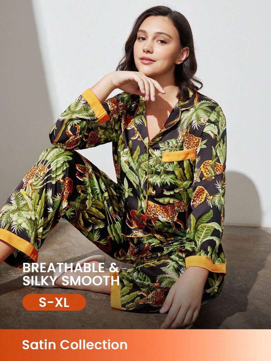 LUVLETTE Tropicoqueta 秋冬復古印花緞面女款長版睡衣套裝家居服 女款圖案睡衣