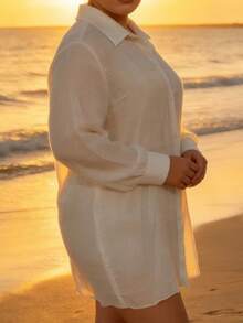 SHEIN Swim 大尺碼女款極簡街頭風 Filipiniana 純色單排扣長袖和服式開襟衫 度假海灘白色夏季款 - 白色 - 查看 5