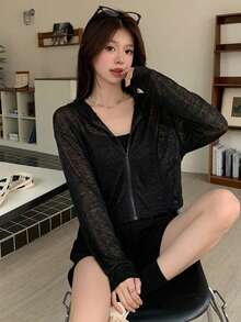 DAZY 女款素色拉鍊休閒百搭日常旅行長袖夾克 - 黑色 - 查看 4