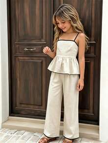 SHEIN Elladie kids 女童休闲度假黄色修身吊带背心，夏季上衣，柔软修身，时尚设计，适合度假、旅行、校园、日常穿着 - 卡其色 - 查看 7