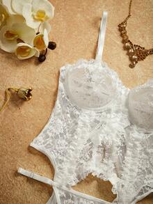PinupPomp 3pcs Women's Classic Sexy Romantic Lace Trim Blouse + Panty + Garter Set, Suitable For Wedding Season - White - View 3