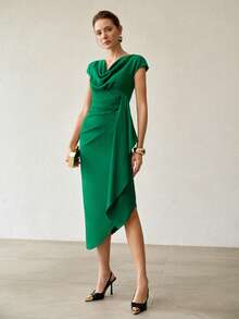 MOTF PREMIUM VESTIDO MIDI ELEGANTE DE MUJER PARA PRIMAVERA/VERANO, VERDE, CON FRUNCIDO Y ESTRUCTURA, PARA IR AL TRABAJO - Verde - Ver 5