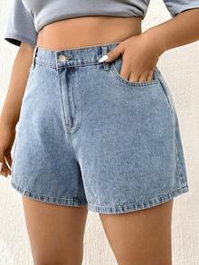 Elaquor Shorts de mezclilla de cintura alta para tallas grandes, shorts estilo mamá - Lavado ligero - Ver 4