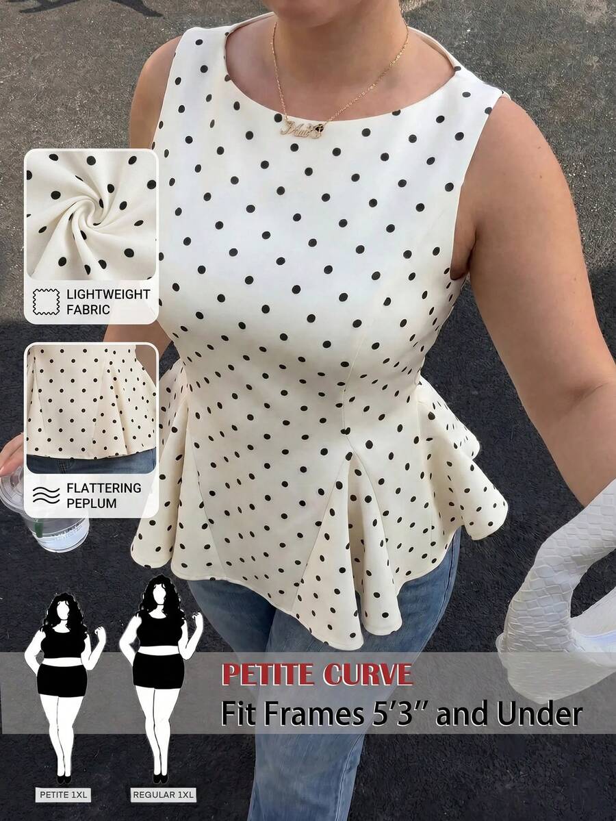 SHEIN PETITE CURVE 大码优雅波点印花无袖收腰衬衫,夏季 - 杏色 - 查看 1