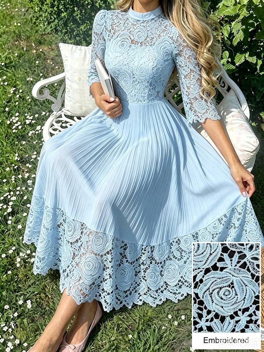 Modelyn Yellow Eyelet Embroidery Patchwork Maxi Long Sleeve Dress For Women - Baby Blue - View 1