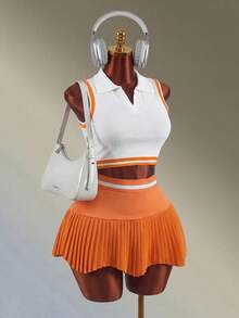 Amplova Women's Sleeveless Contrast Color Half-Zip Fitted Tennis Shirt, Summer Orange Seamless Polo Shirt Vest Old Money Sports - Orange - View 5