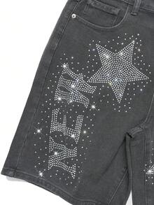 Manfinity EMRG Shorts de mezclilla negra lavada con estilo hip-hop callejero y estrella de strass para hombres - Gris - Ver 4
