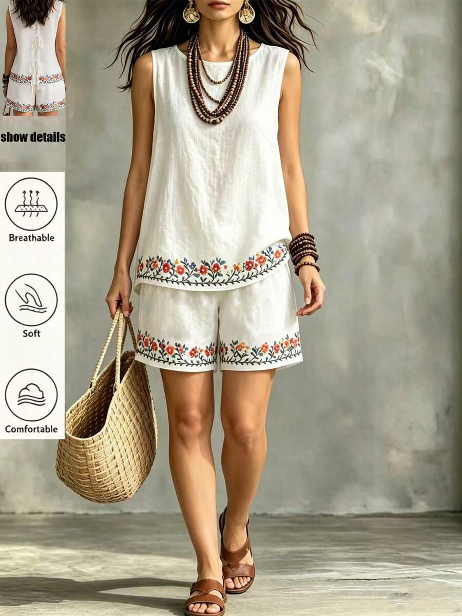 Hotletica White Round Neck Printed Sleeveless Cut-Out Bow Top + Elastic Printed Shorts Women 2 Pieces Set - White - View 1