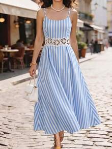 SHEIN Holidaya Women's Summer Blue And White Stripe Spaghetti Strap Midi Dress, Hollow Lace Waist A Line Dress, Lightweight Elegant Boho Chic Outfit For Beach - Baby Blue - View 6