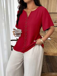 Weeklong Plus Size Women's Spring/Summer Vacation Floral Patchwork Ruffle Trim Loose Short Sleeve Top - Red - View 5