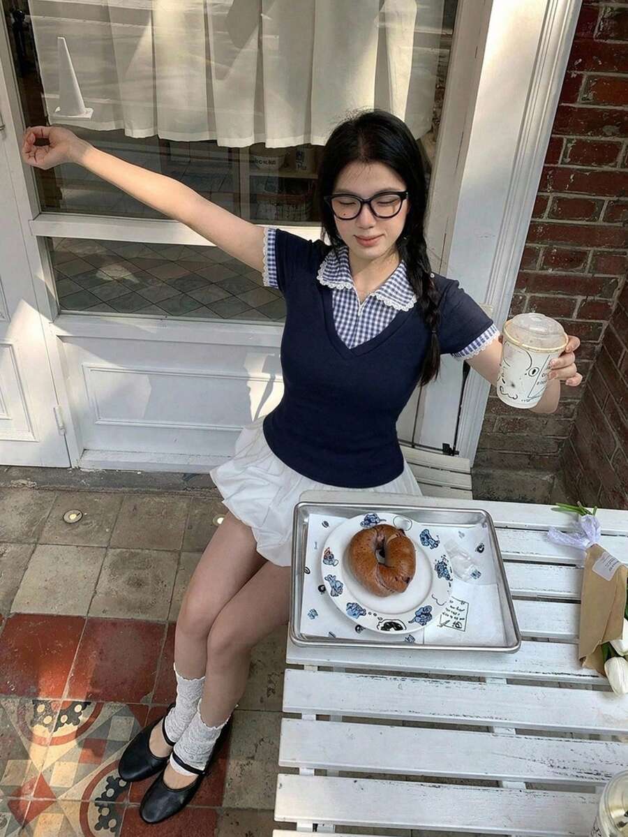 DAZY 女款翻領格紋拼接短袖春夏T恤 - 藍色 - 查看 1