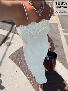 Siren Gaze 女款新款蕾絲飾邊細肩帶洋裝，簡約性感短版抹胸蕾絲飾邊領口純棉洋裝，方領細肩帶夏季休閒風 - 杏色 - 查看 9